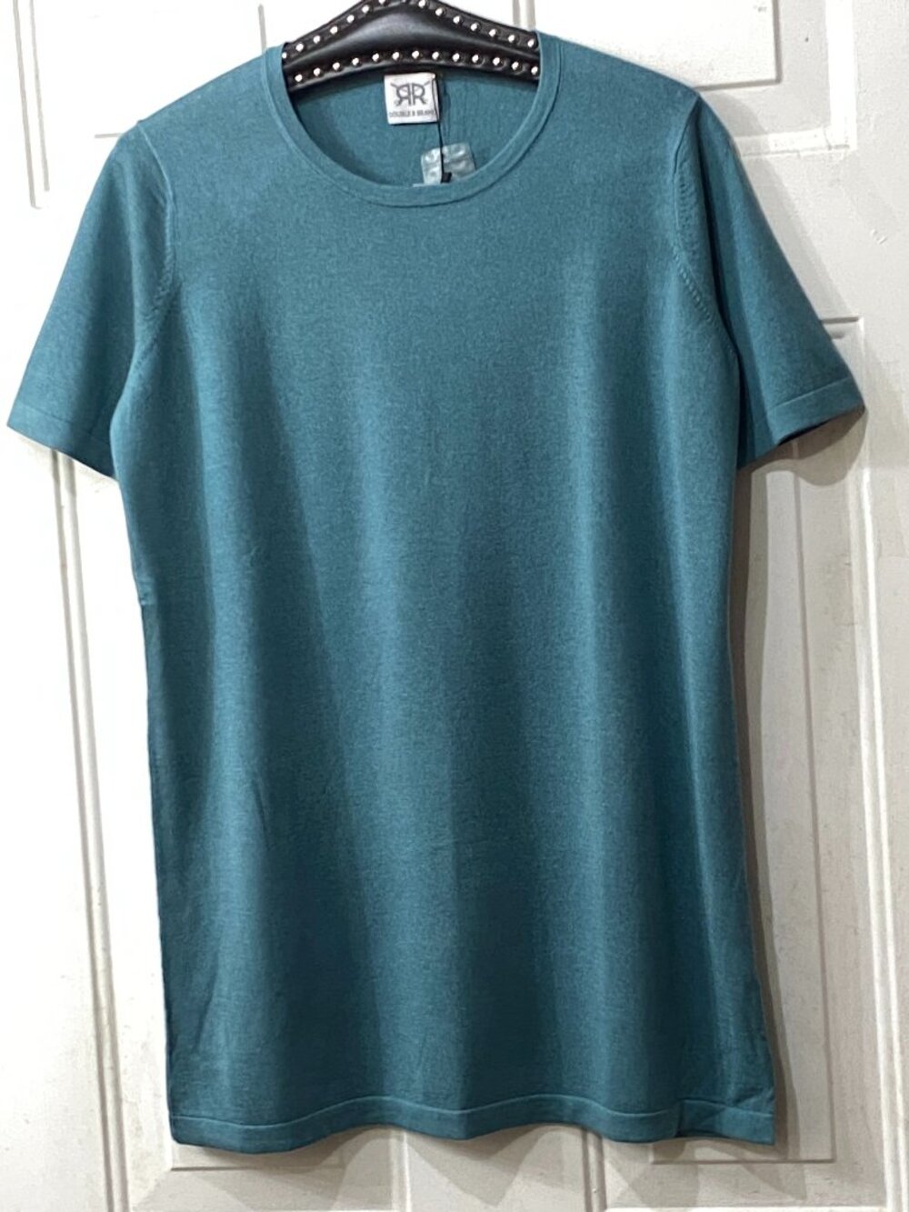 NWT Double R Brand Silk/Cashmere Sz L Womens Sweater Short Sleeve Tunic Teal